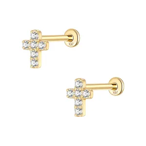 14k Gold Cross Gold Flat Back Earrings