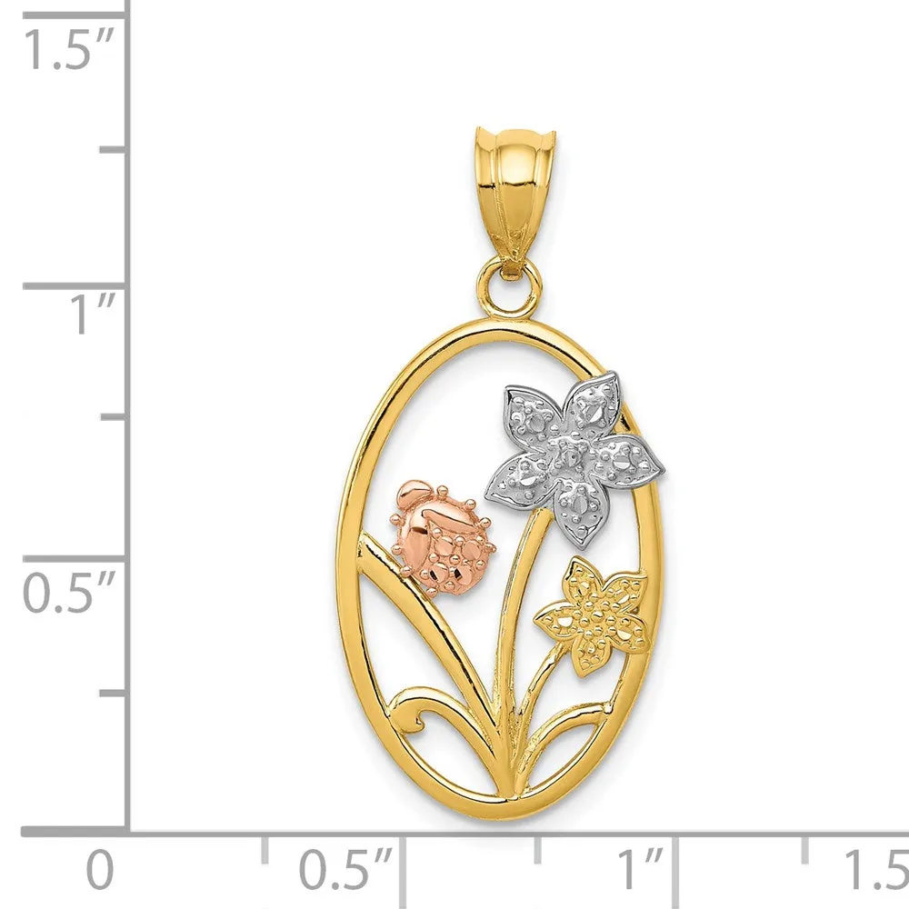 14k Two-tone w/White Rhodium Diamond-cut Oval Floral Pendant