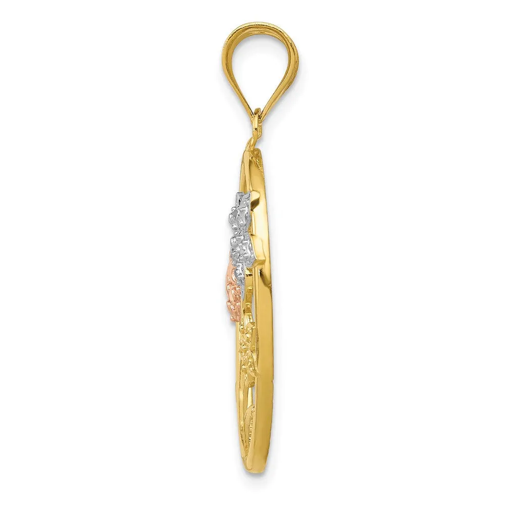 14k Two-tone w/White Rhodium Diamond-cut Oval Floral Pendant