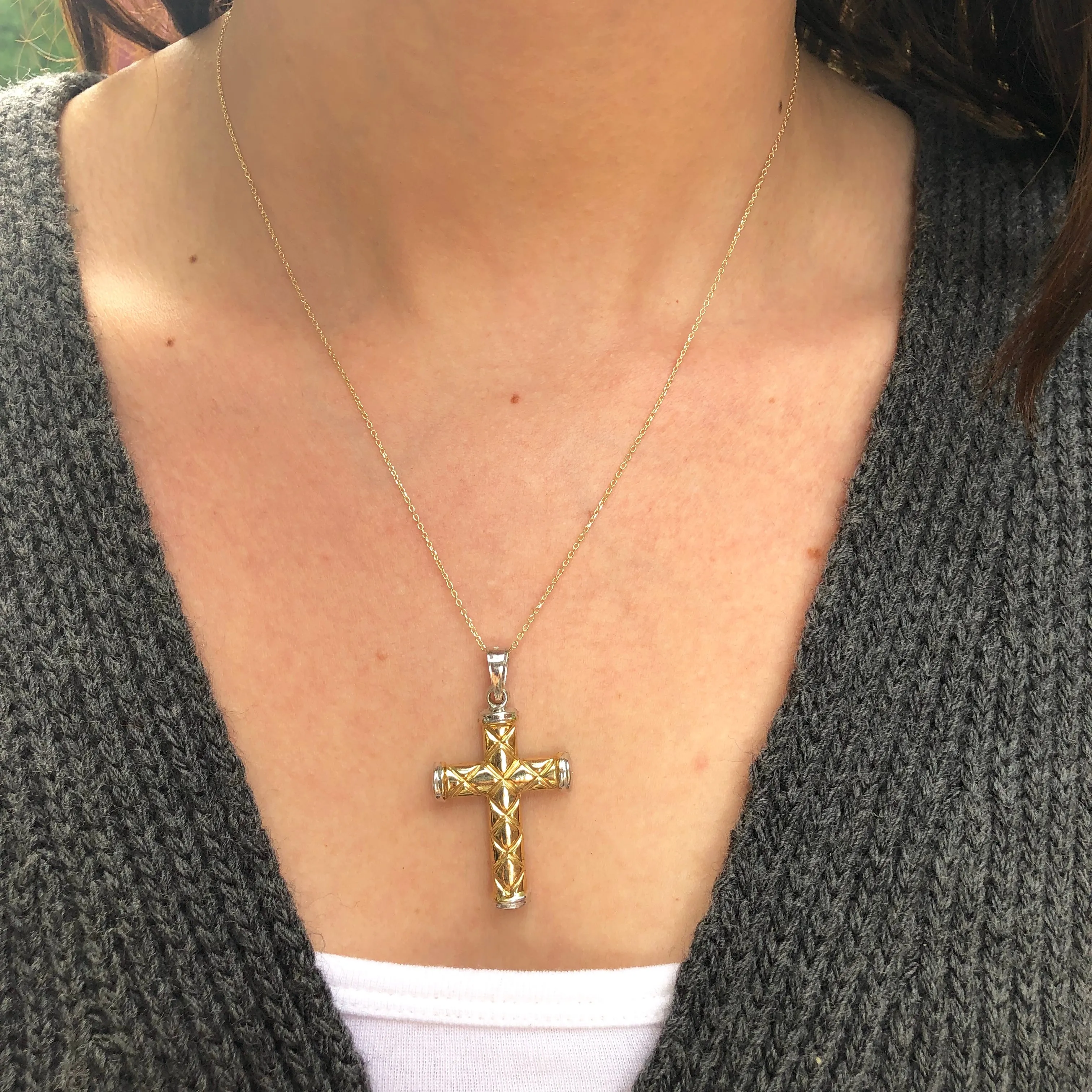 14KT Yellow Gold   White Gold Quilted Cross Pendant