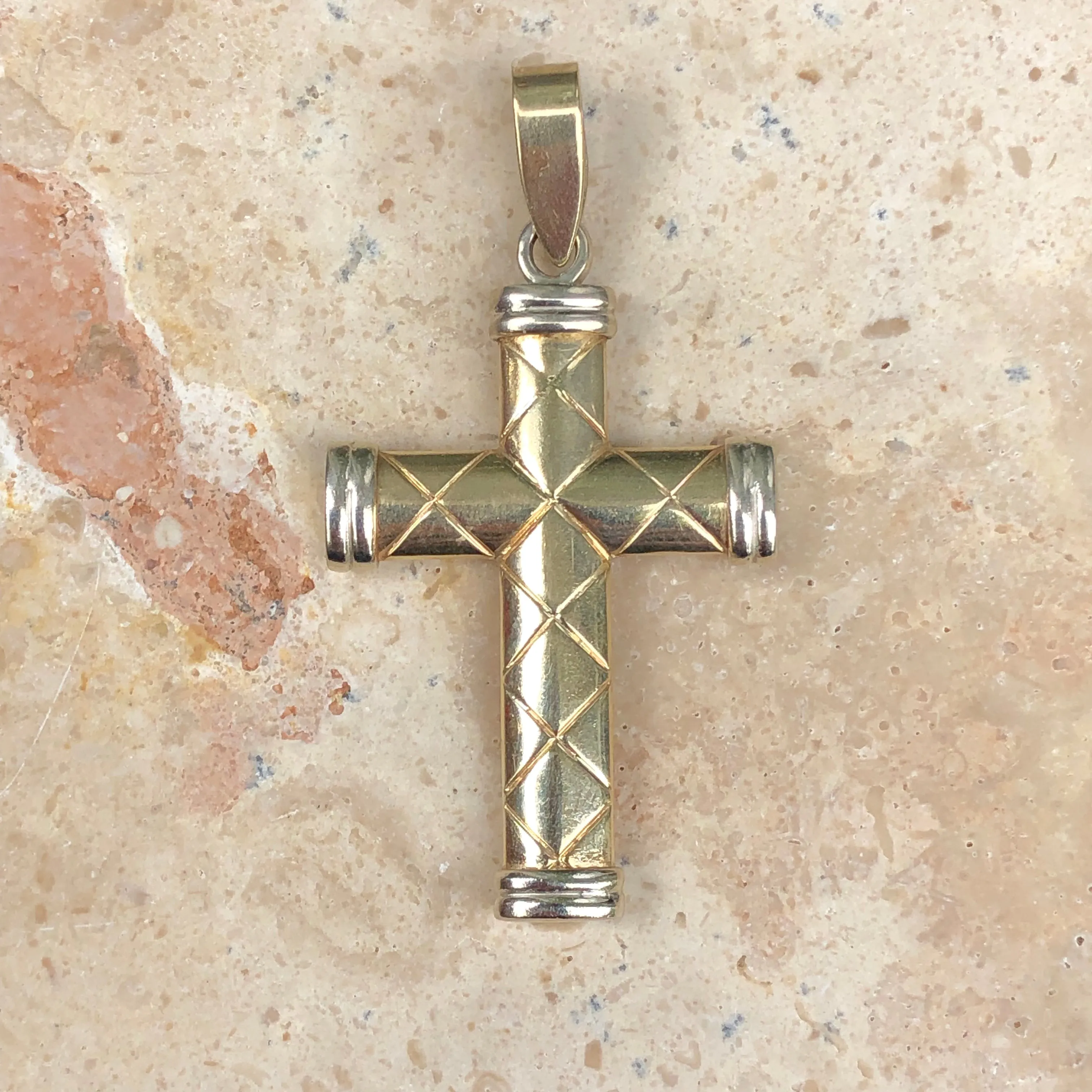 14KT Yellow Gold   White Gold Quilted Cross Pendant