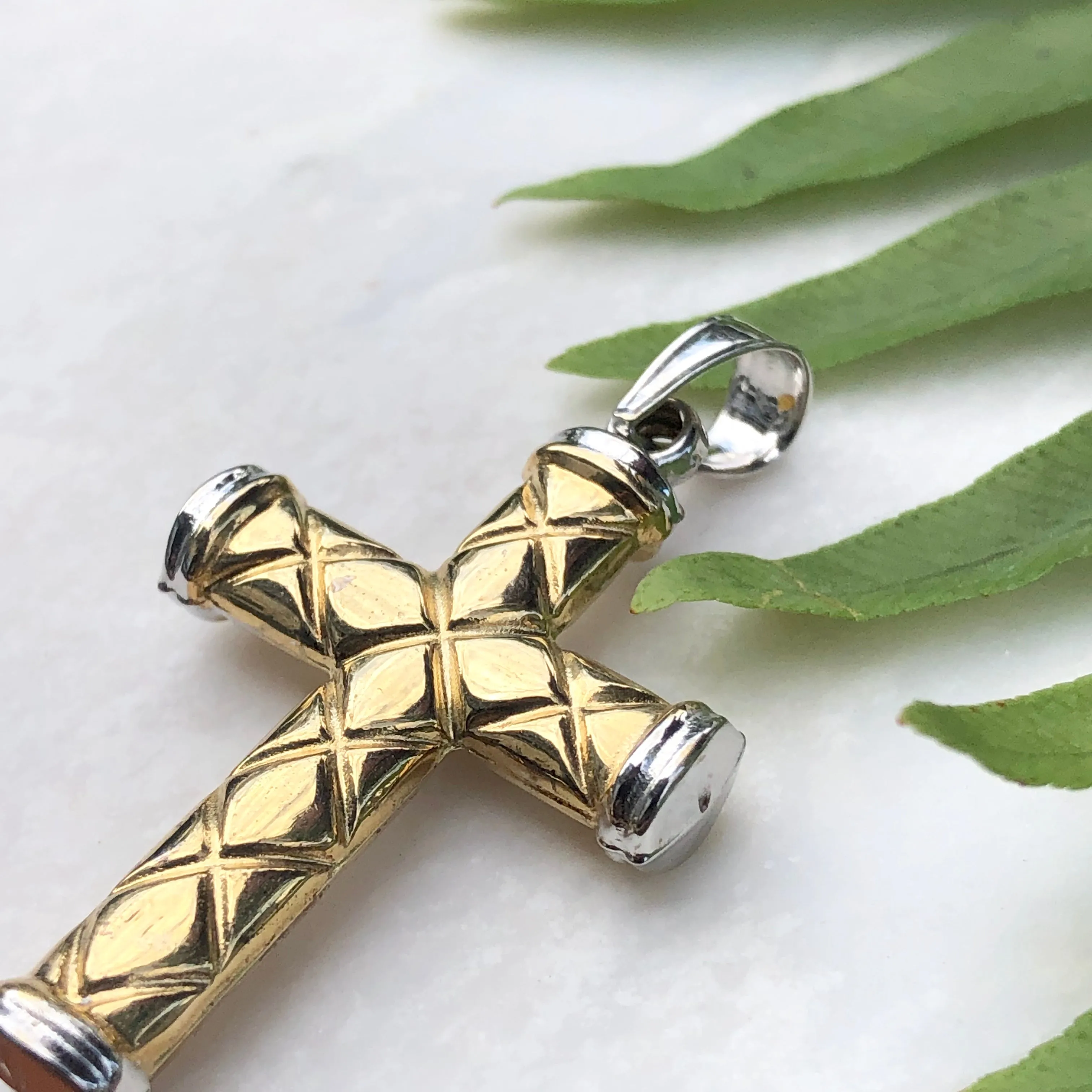 14KT Yellow Gold   White Gold Quilted Cross Pendant