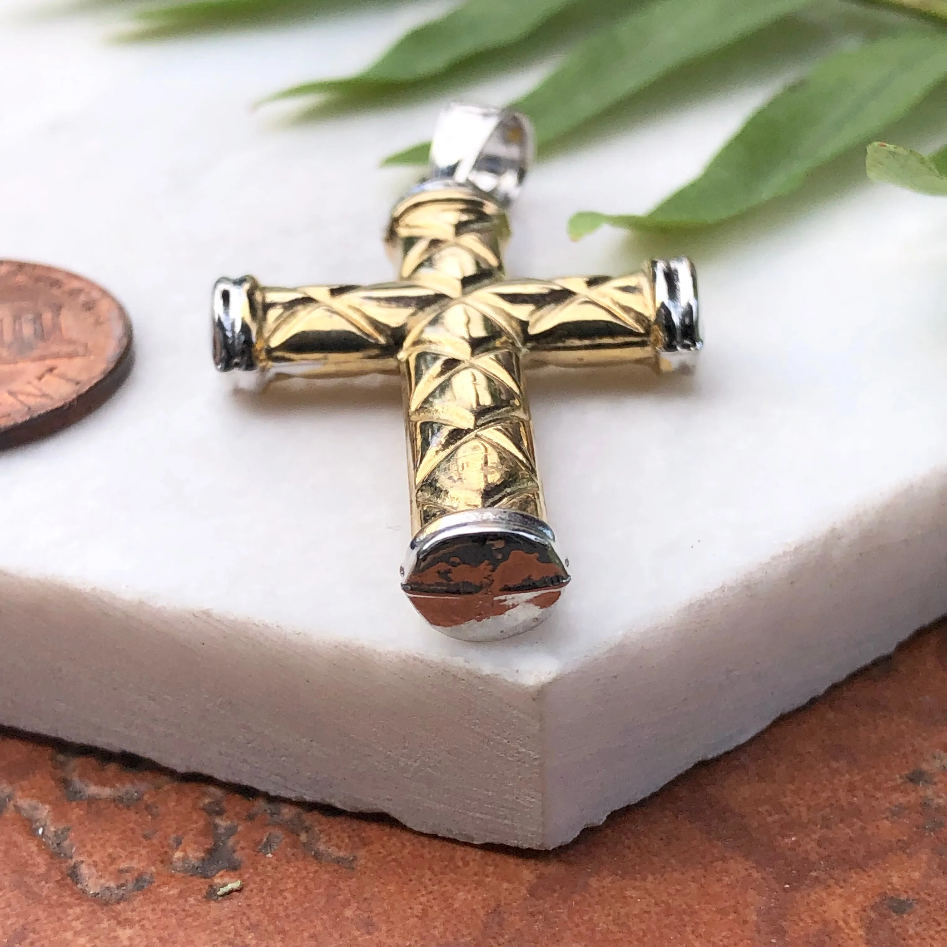 14KT Yellow Gold   White Gold Quilted Cross Pendant