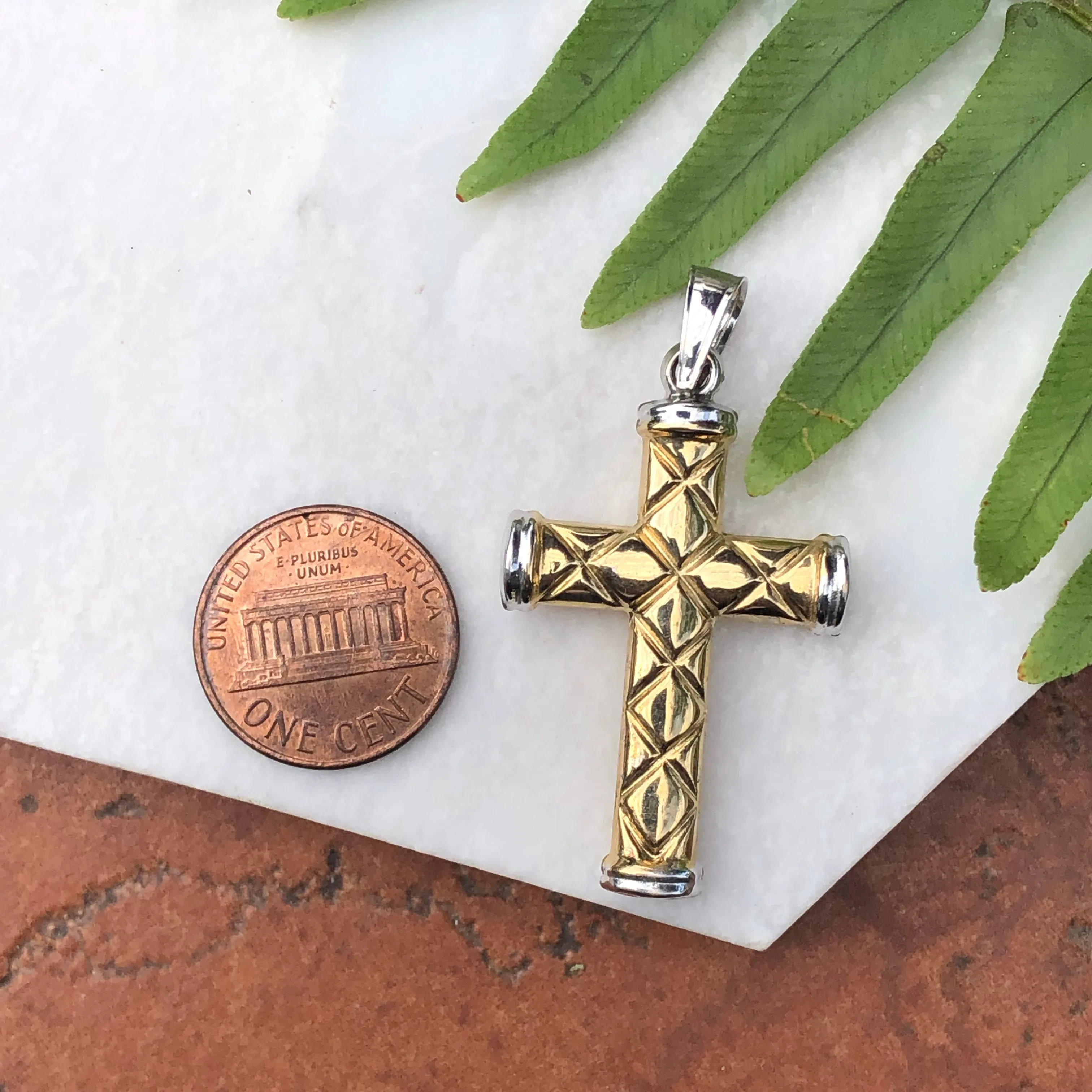 14KT Yellow Gold   White Gold Quilted Cross Pendant