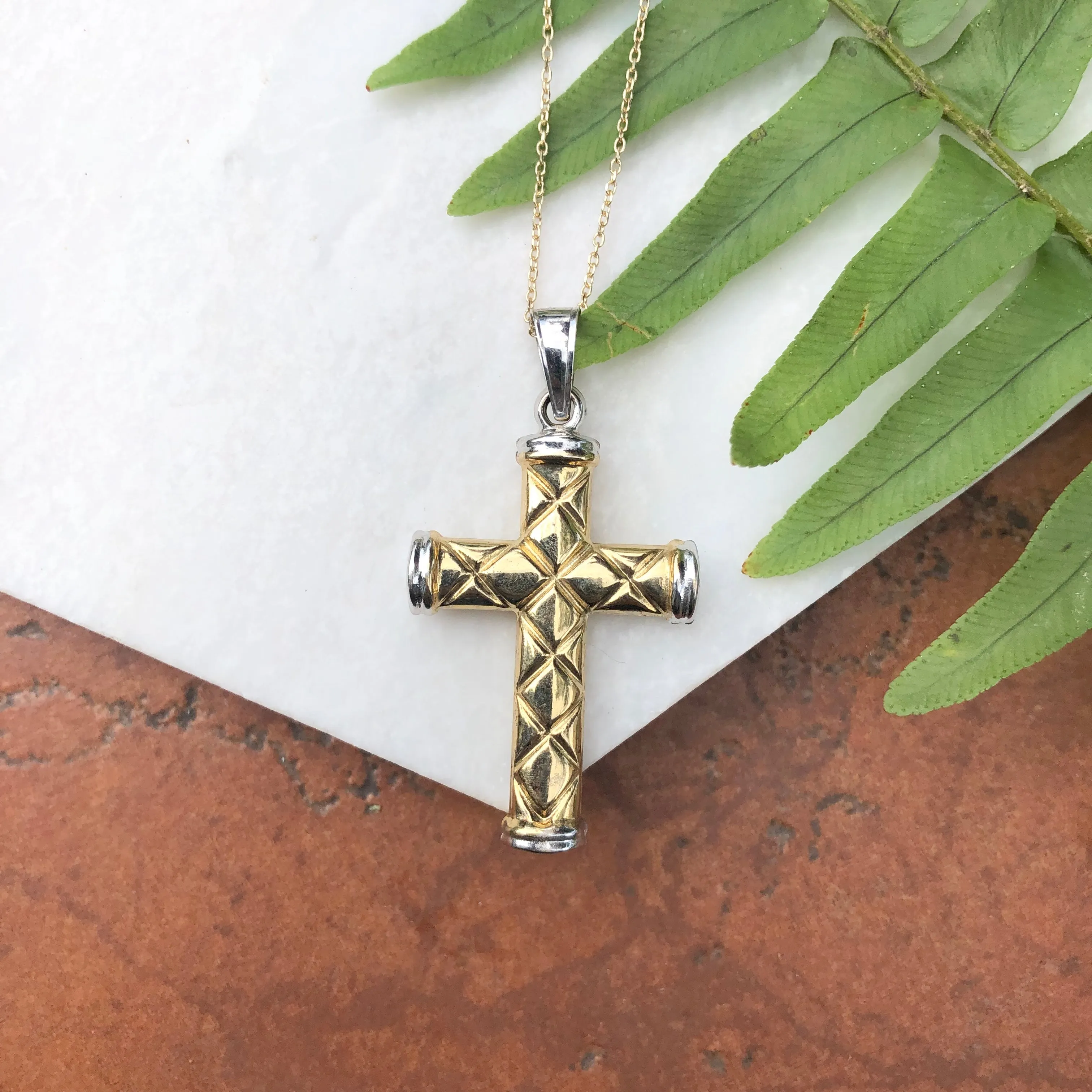 14KT Yellow Gold   White Gold Quilted Cross Pendant