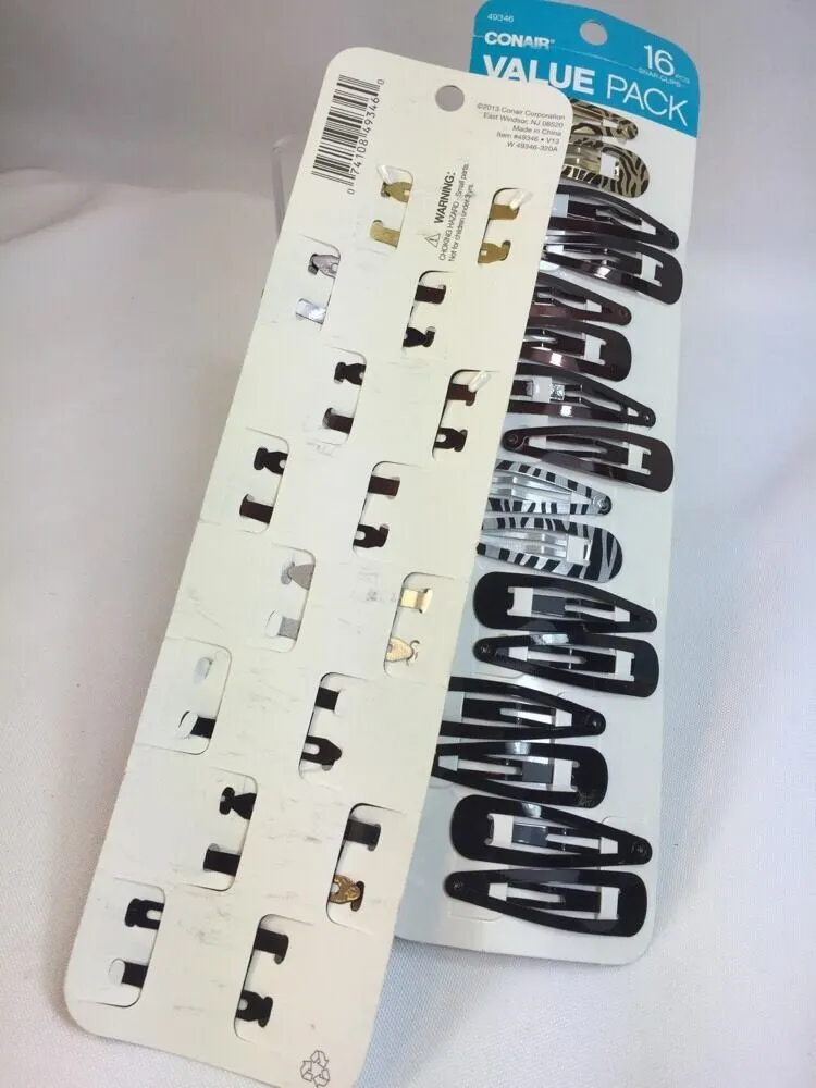 (2) Conair Value Pack Snap Clips Barrettes Secure Hold 16ct Black Animal Zebra