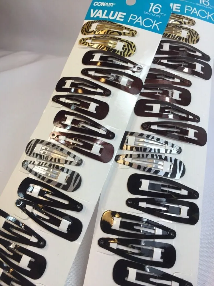 (2) Conair Value Pack Snap Clips Barrettes Secure Hold 16ct Black Animal Zebra