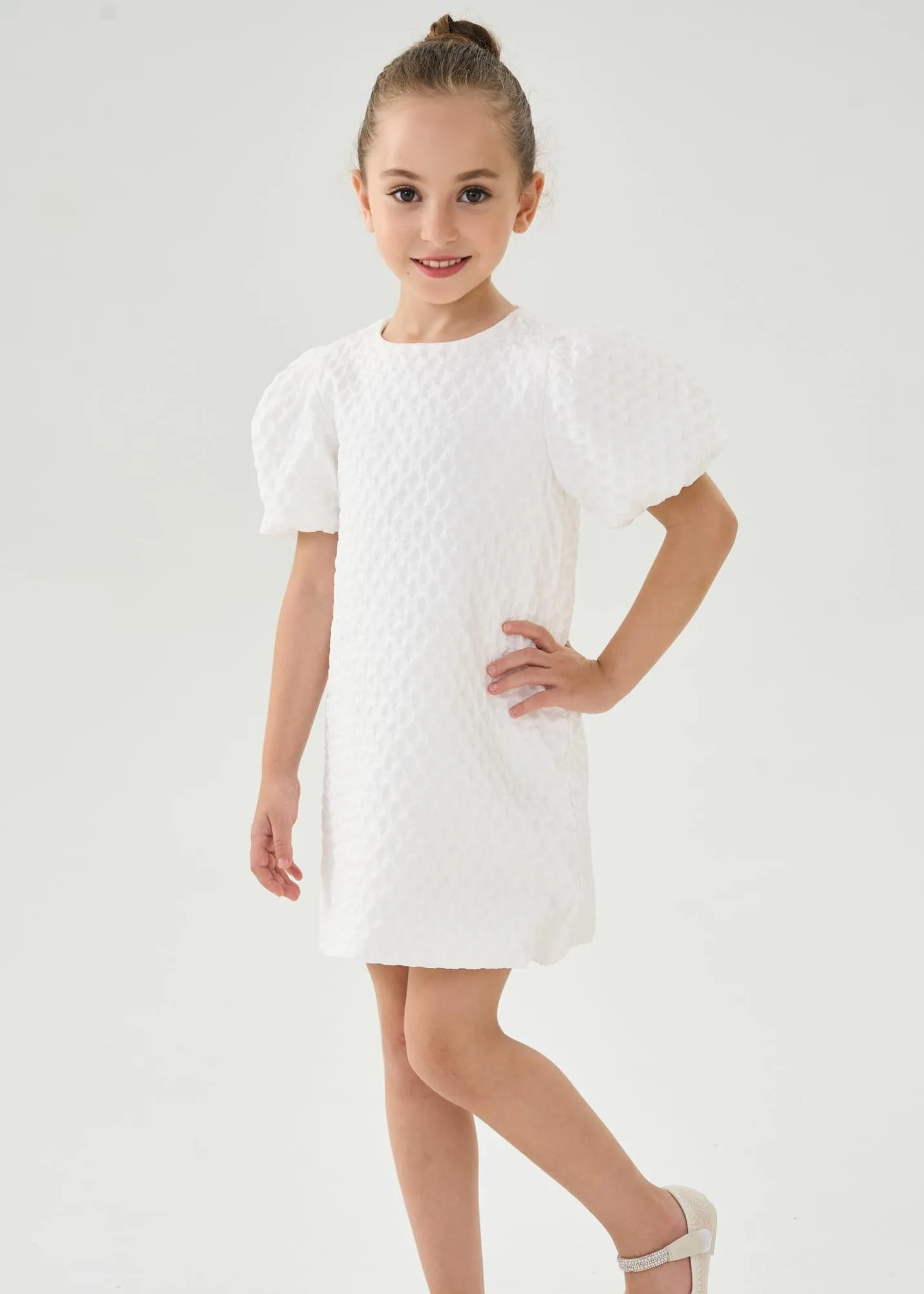 2Bunnies Girls' Textured Puff Sleeve Dress