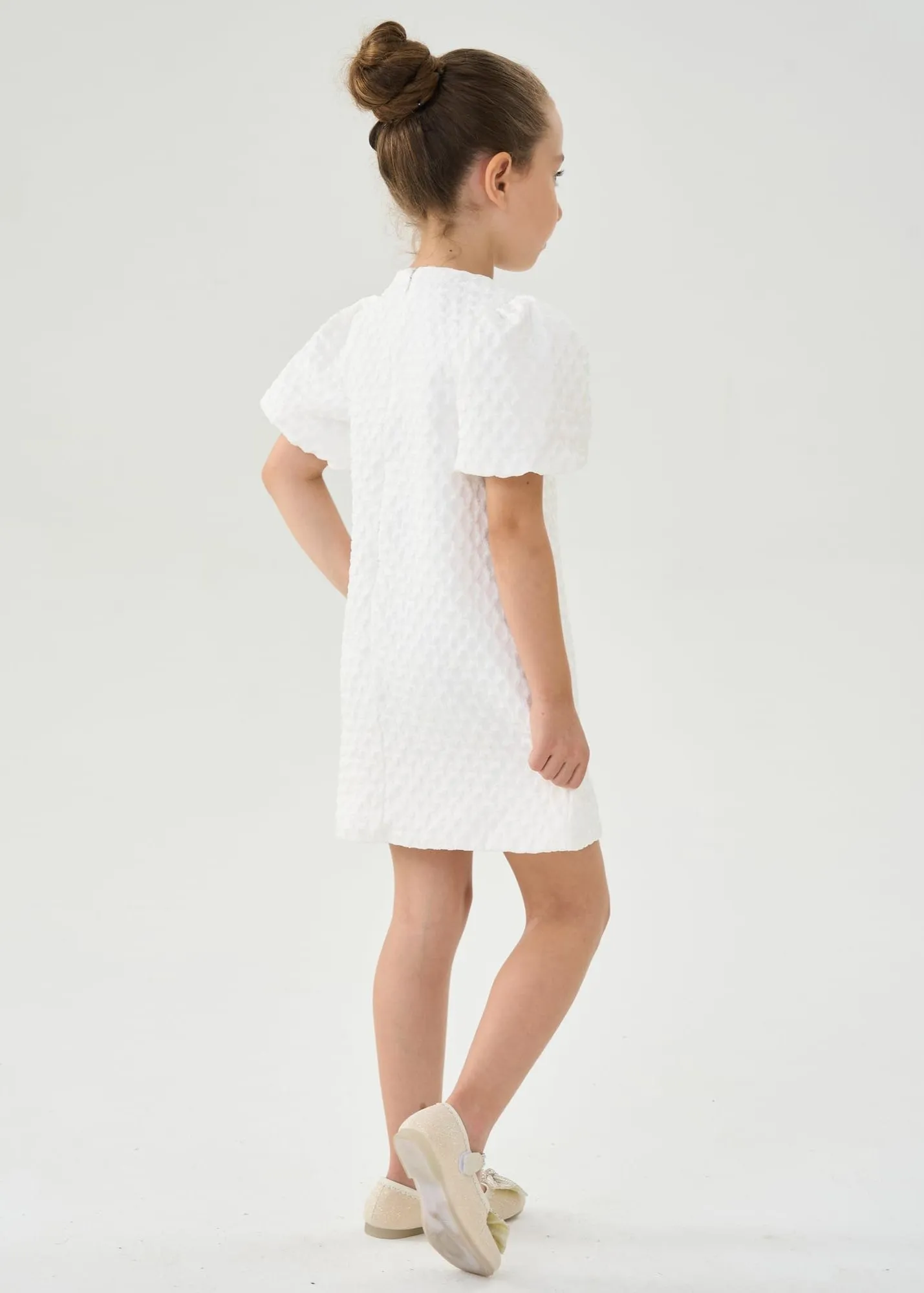 2Bunnies Girls' Textured Puff Sleeve Dress
