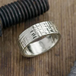 8mm 14k White Gold Textured Mens Wedding Band, High Polished