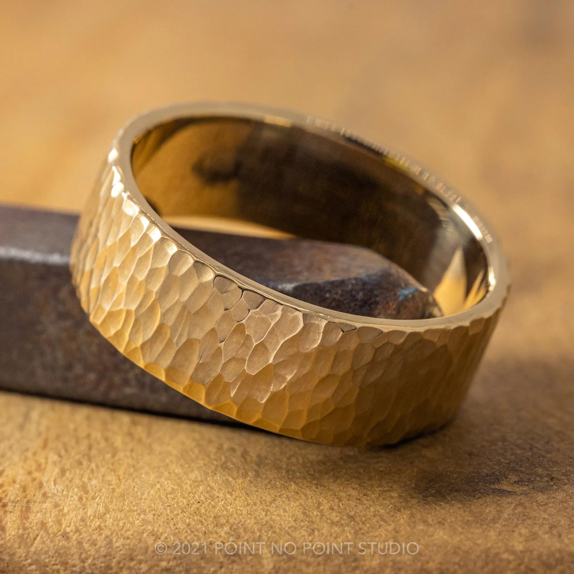 8mm 14k Yellow Gold Leopard Print Hammered Mens Wedding Band