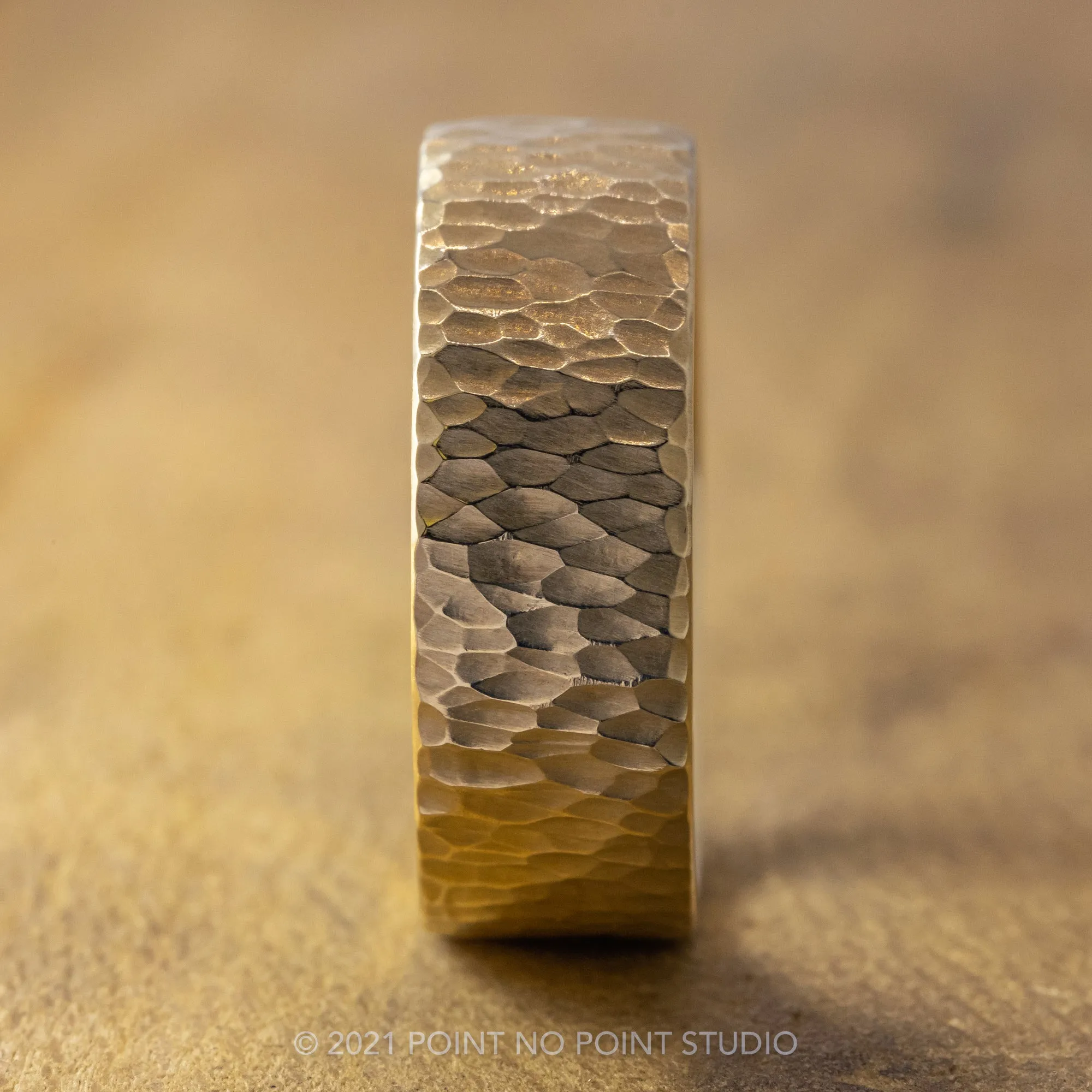 8mm 14k Yellow Gold Leopard Print Hammered Mens Wedding Band