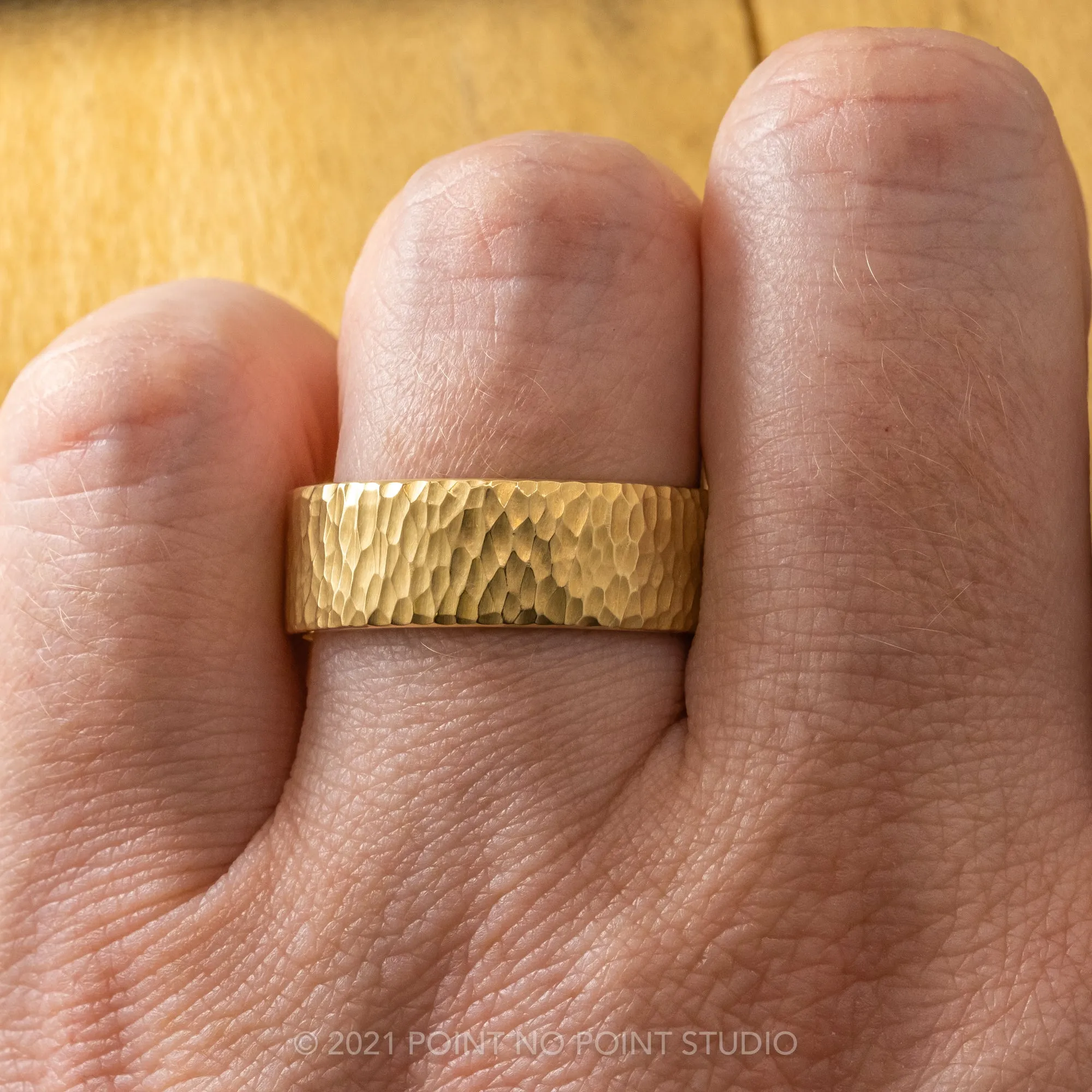 8mm 14k Yellow Gold Leopard Print Hammered Mens Wedding Band