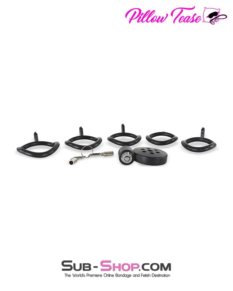 9085DL  Ultra-Secure Flat Chastity Cage with Barrel Lock & 5 Adjustable Rings