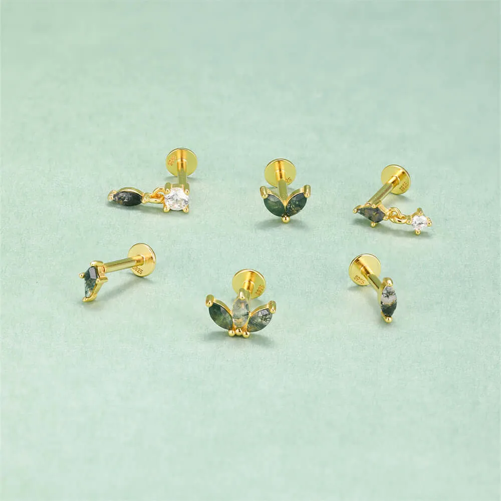 925 Silver Natural Double Oval Moss Agate Flat Back Earrings