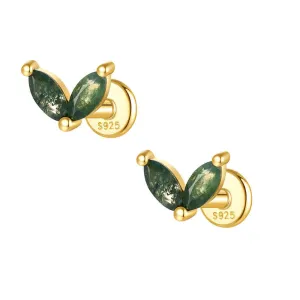 925 Silver Natural Double Oval Moss Agate Flat Back Earrings
