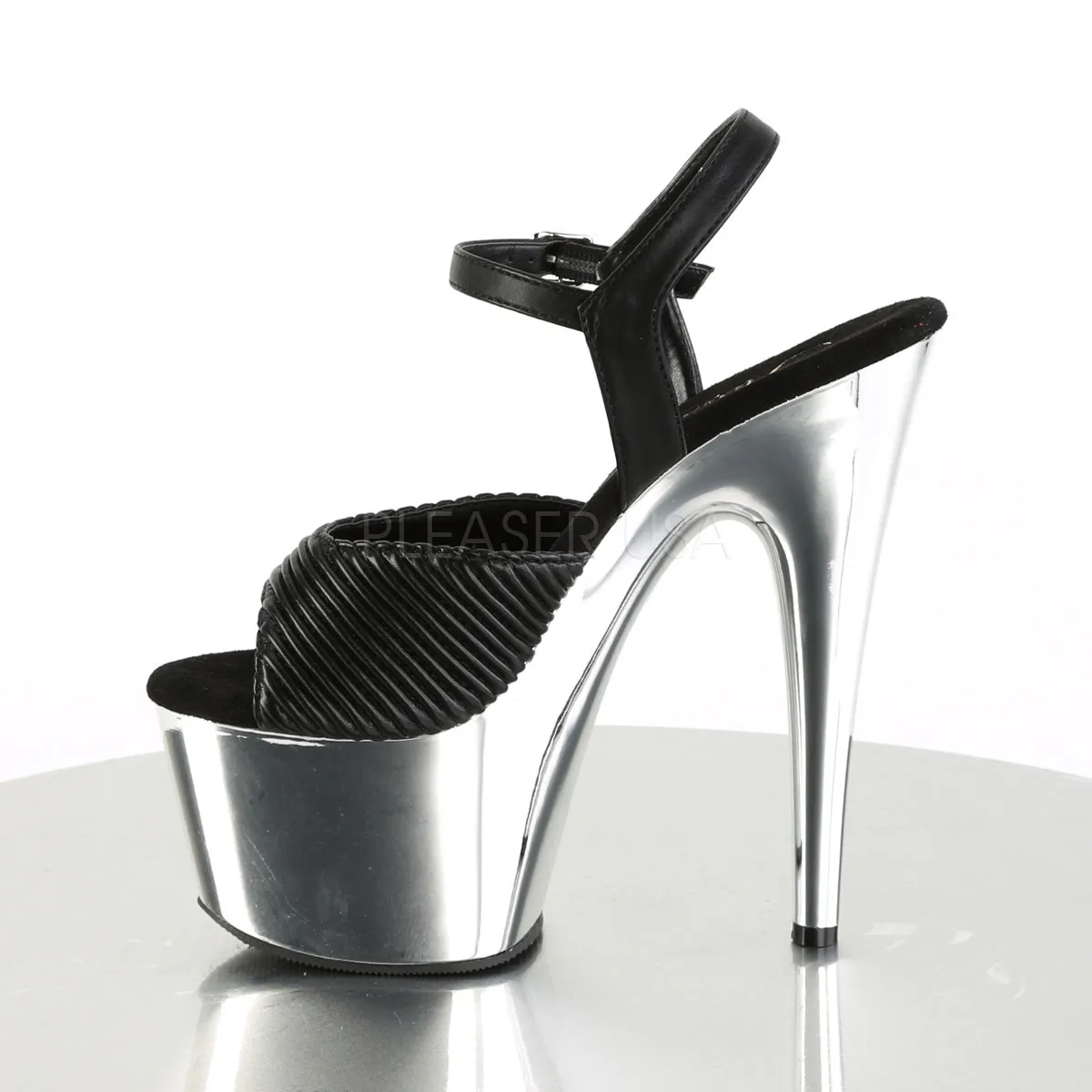 ADORE-709  Black Quilted Faux Leather/Silver Chrome