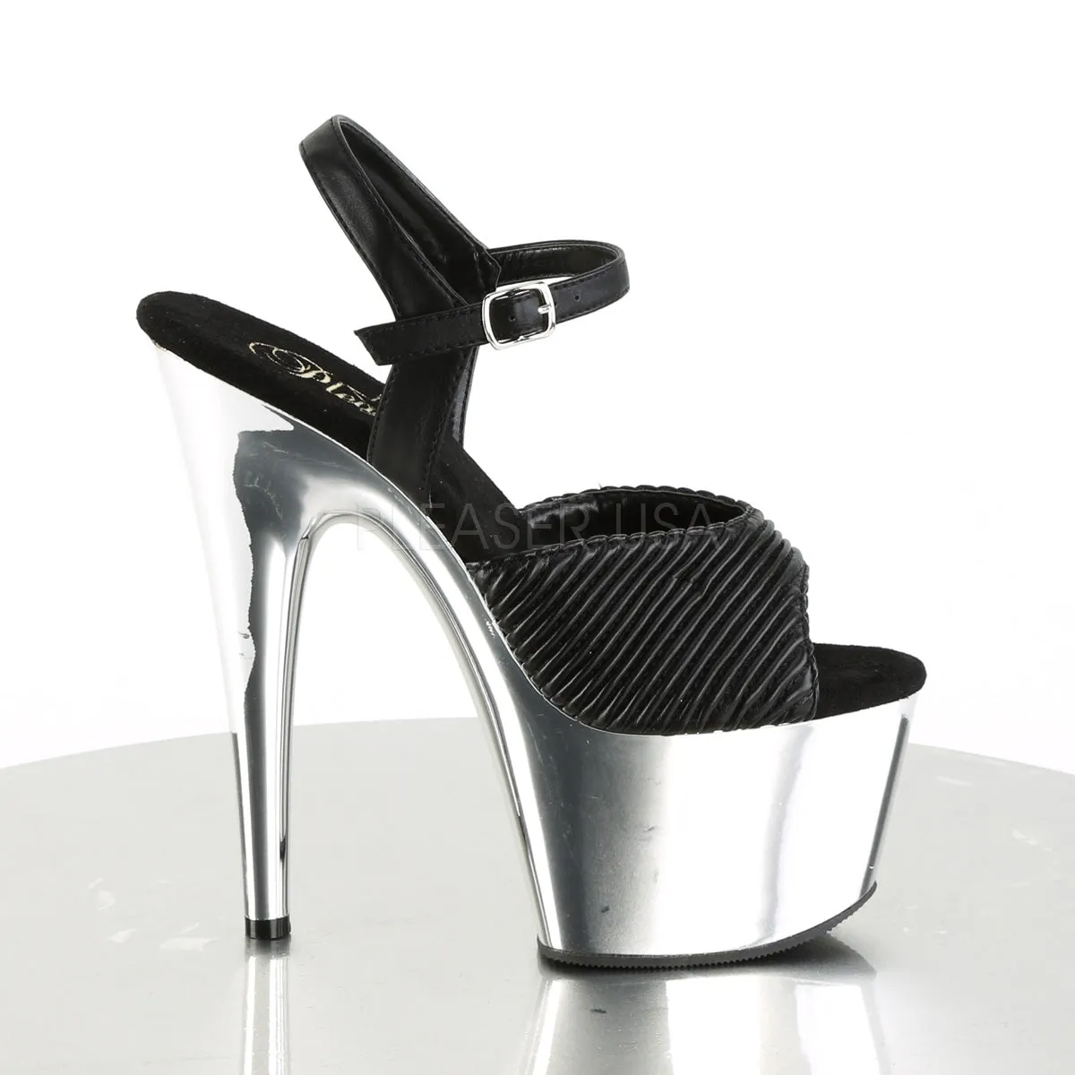 ADORE-709  Black Quilted Faux Leather/Silver Chrome