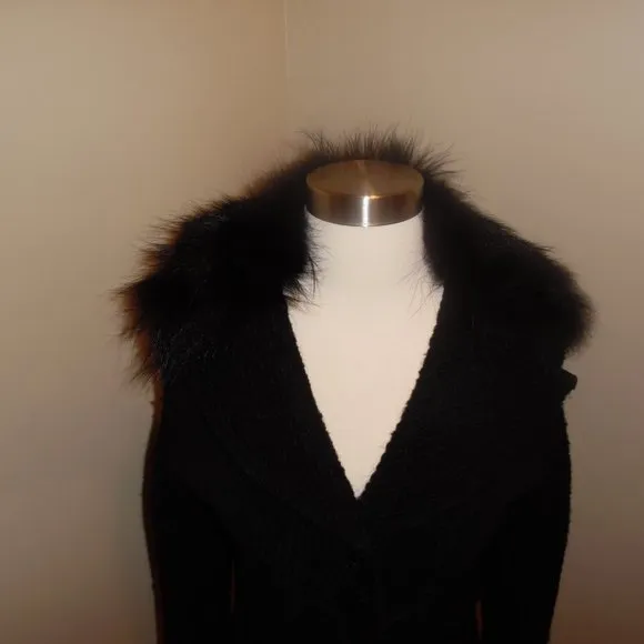 AnnaRita N Wool Real Fur Colar Wool Italy Black Buttoned Jacket Blaser Coat