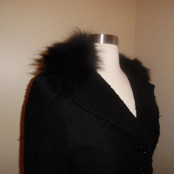AnnaRita N Wool Real Fur Colar Wool Italy Black Buttoned Jacket Blaser Coat