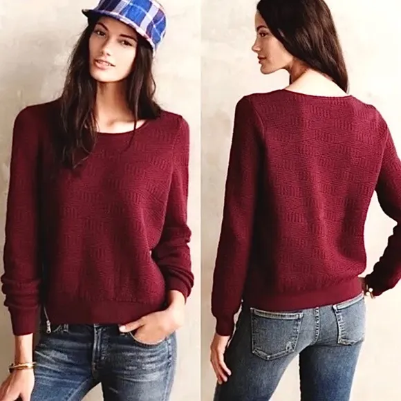 Anthropologie Moth ribbed maroon side zip quilted plush scoop crew neck sweater