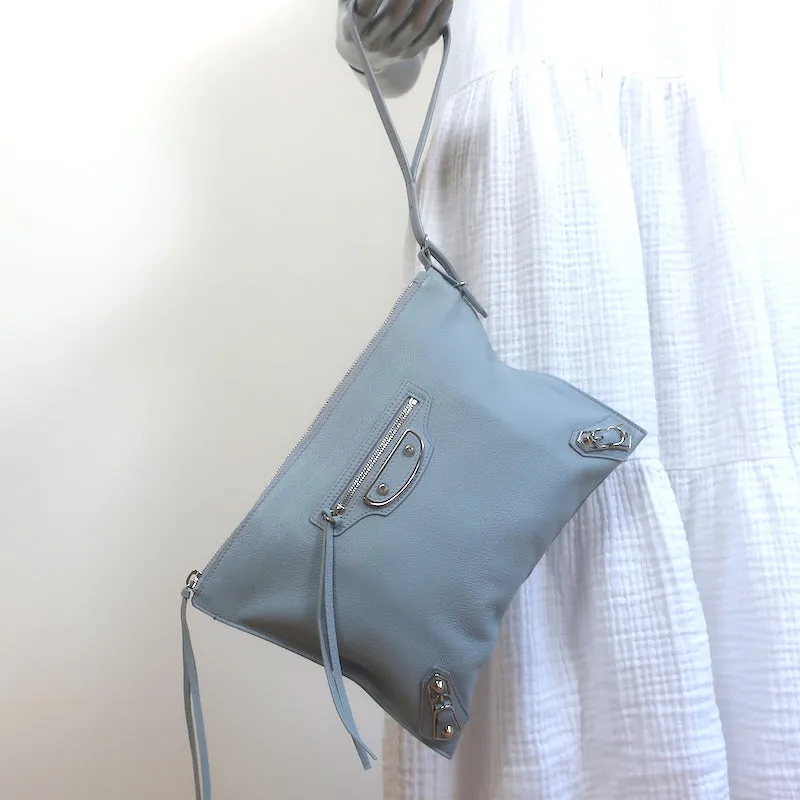 Balenciaga Metallic Edge Flat Wristlet Clutch Powder Blue Leather