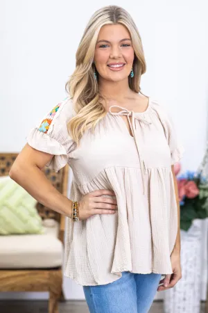 Beige Patch Work Woven Top