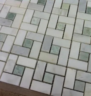 Bianco Carrara White Marble Polished Pinwheel Mosaic Tile with Black Dots - 6" X 6" Sample