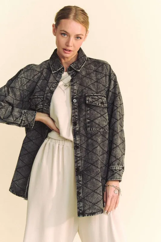 Black Curved Hem Diamond Quilted Button Up Denim Shacket