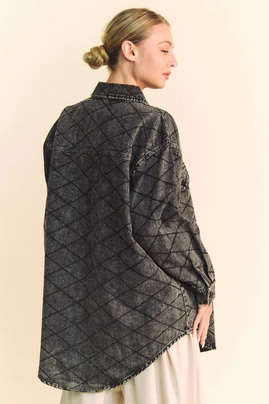 Black Curved Hem Diamond Quilted Button Up Denim Shacket