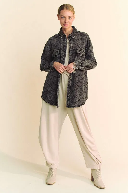 Black Curved Hem Diamond Quilted Button Up Denim Shacket