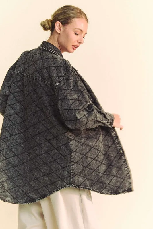 Black Curved Hem Diamond Quilted Button Up Denim Shacket
