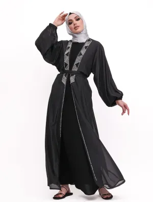 Black - Embellished Aztec Organza Abaya Set