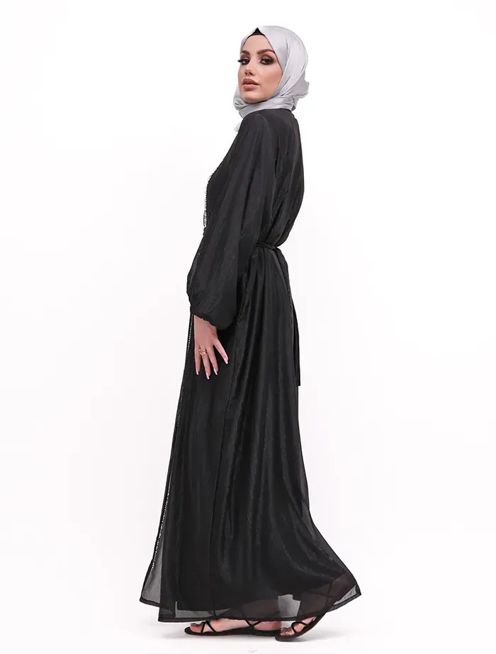 Black - Embellished Aztec Organza Abaya Set