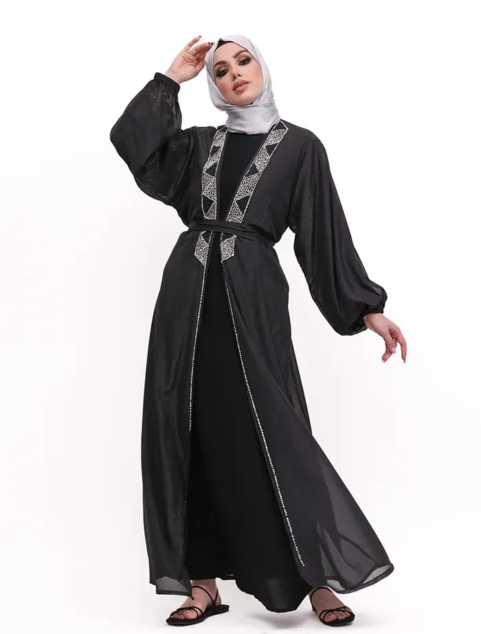Black - Embellished Aztec Organza Abaya Set