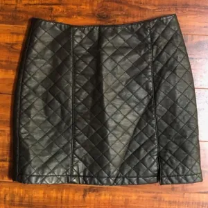 Black Faux Leather Quilted Slit Mini Skirt XS S