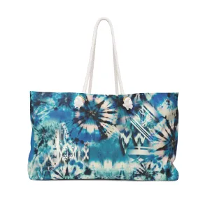 Blue and Green Tie Dye Style Pattern Boho Weekender Bag For Shopping, Traveling, Oversized Tote With Rope Handles