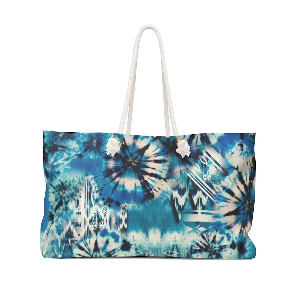 Blue and Green Tie Dye Style Pattern Boho Weekender Bag For Shopping, Traveling, Oversized Tote With Rope Handles
