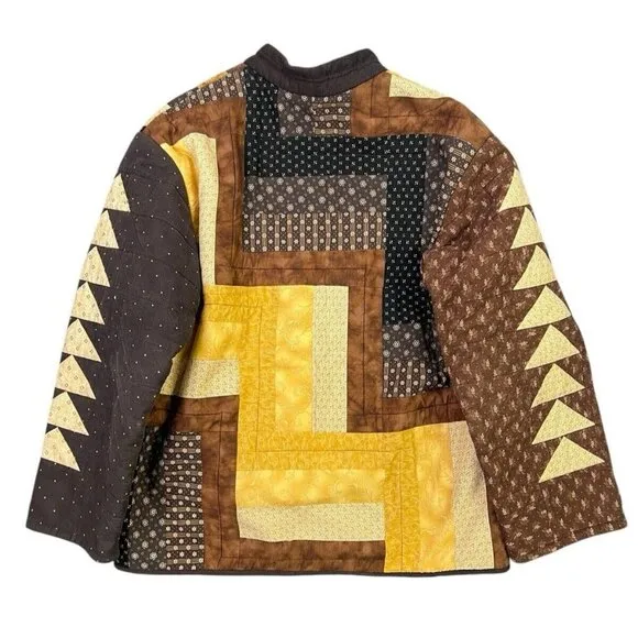 Boho Handmade Patchwork Mixed Print Quilted Floral Embroidered Jacket XL Neutral