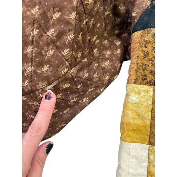 Boho Handmade Patchwork Mixed Print Quilted Floral Embroidered Jacket XL Neutral