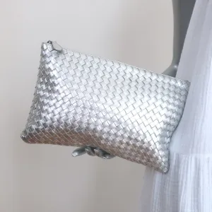 Bottega Veneta Medium Intrecciato Pouch Silver Metallic Leather Flat Clutch