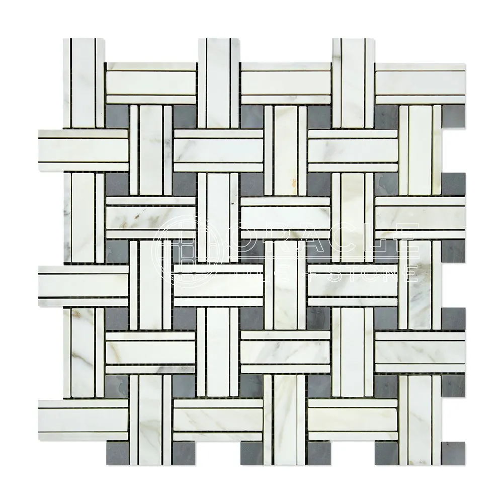 Calacatta Gold (Italian Calcutta) Marble Triple-Weave Mosaic Tile (with Blue & Gray Marble Dots, Polished)
