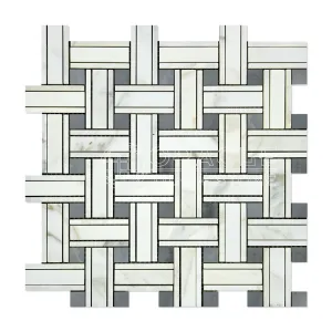 Calacatta Gold (Italian Calcutta) Marble Triple-Weave Mosaic Tile (with Blue & Gray Marble Dots, Polished)