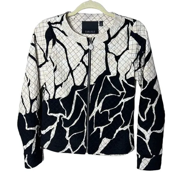 Carlisle Womens Silk Quilted Full Zipper Jacket Black White Cream Animal Size 6