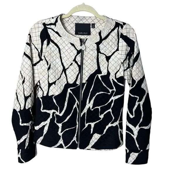 Carlisle Womens Silk Quilted Full Zipper Jacket Black White Cream Animal Size 6