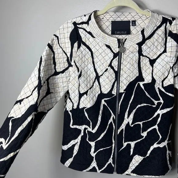 Carlisle Womens Silk Quilted Full Zipper Jacket Black White Cream Animal Size 6