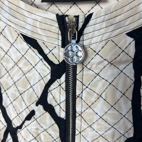 Carlisle Womens Silk Quilted Full Zipper Jacket Black White Cream Animal Size 6