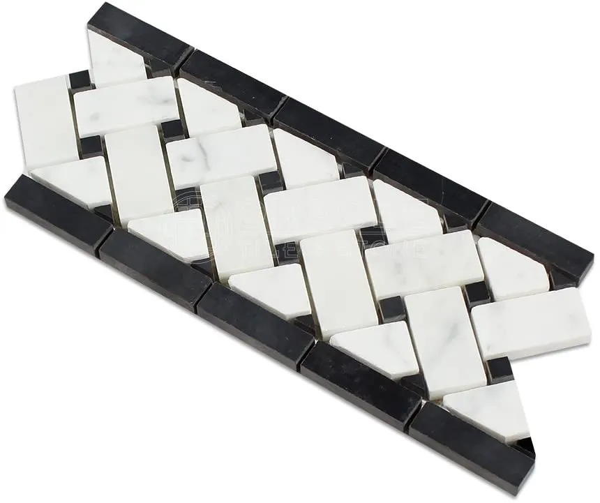 Carrara White Italian (Bianco Carrara) Marble Basketweave Border Mosaic Tile with Black Marble Dots, Polished