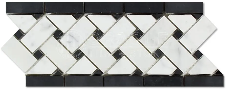 Carrara White Italian (Bianco Carrara) Marble Basketweave Border Mosaic Tile with Black Marble Dots, Polished