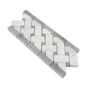 Carrara White Italian (Bianco Carrara) Marble Basketweave Mosaic Tile with Blue & Gray Marble Dots, Polished